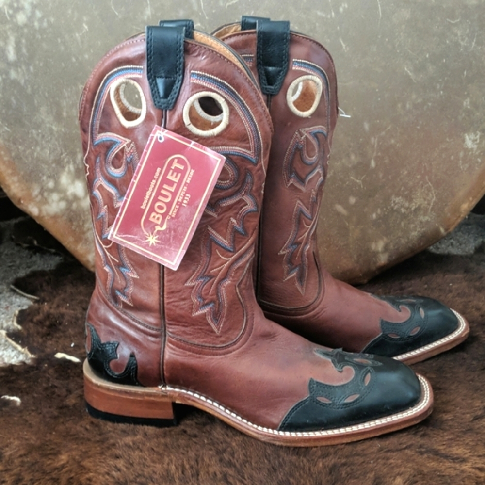BOULET #9016 chestnut brown leather black wingtip square toe Cowgirl Boot 10 NWT